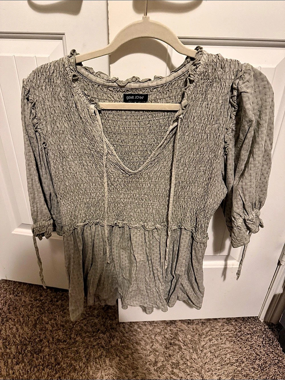 Dear John Smocked Peplum Blouse in Gray